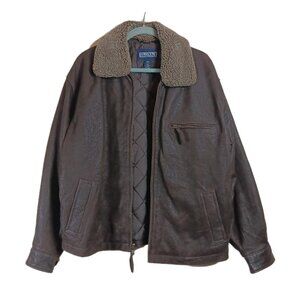 Lands’ End Leather Bomber Jacket Men’s Medium Brown Fur Collar Chore Gorpcore